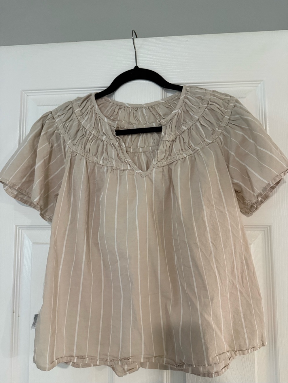 Old Navy Beige Striped Ruffle-Yoke Blouse